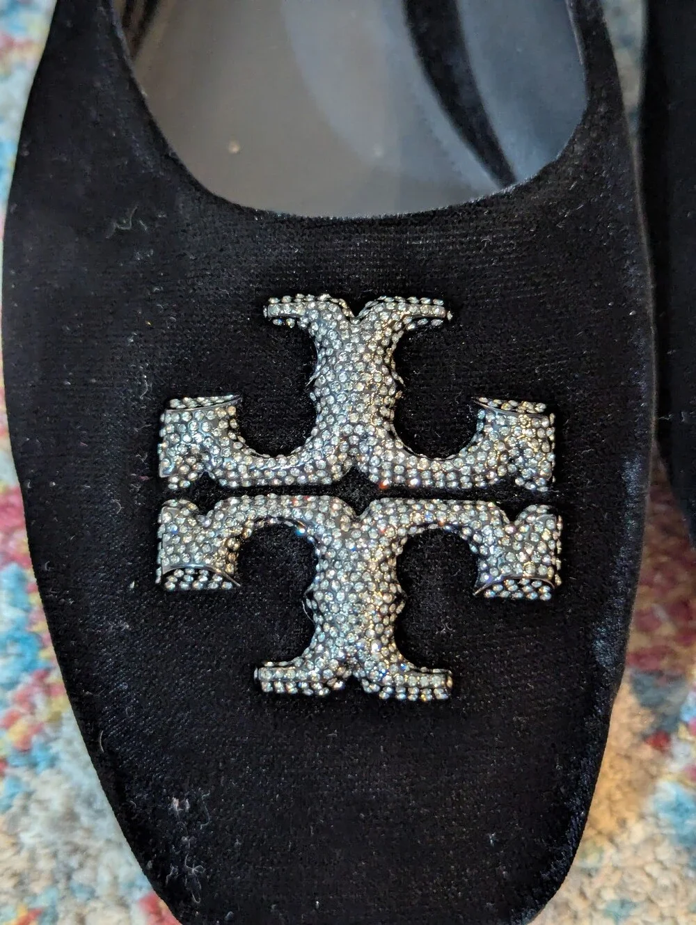 Tory Burch Women's 7.5 M Eleanor Crystal Ballet Black Velvet Flat Logo